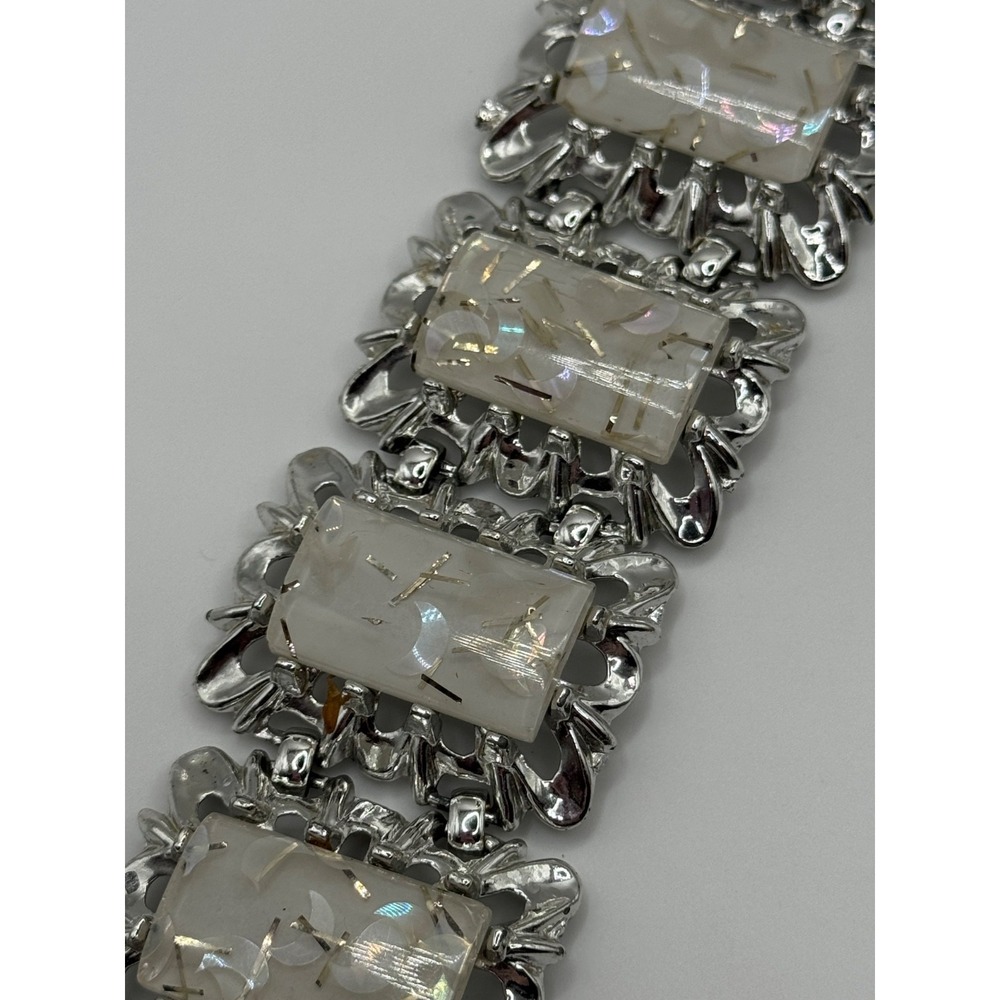 Vintage Crescent Moon Lucite Confetti Panel Bracelet Silver Tone